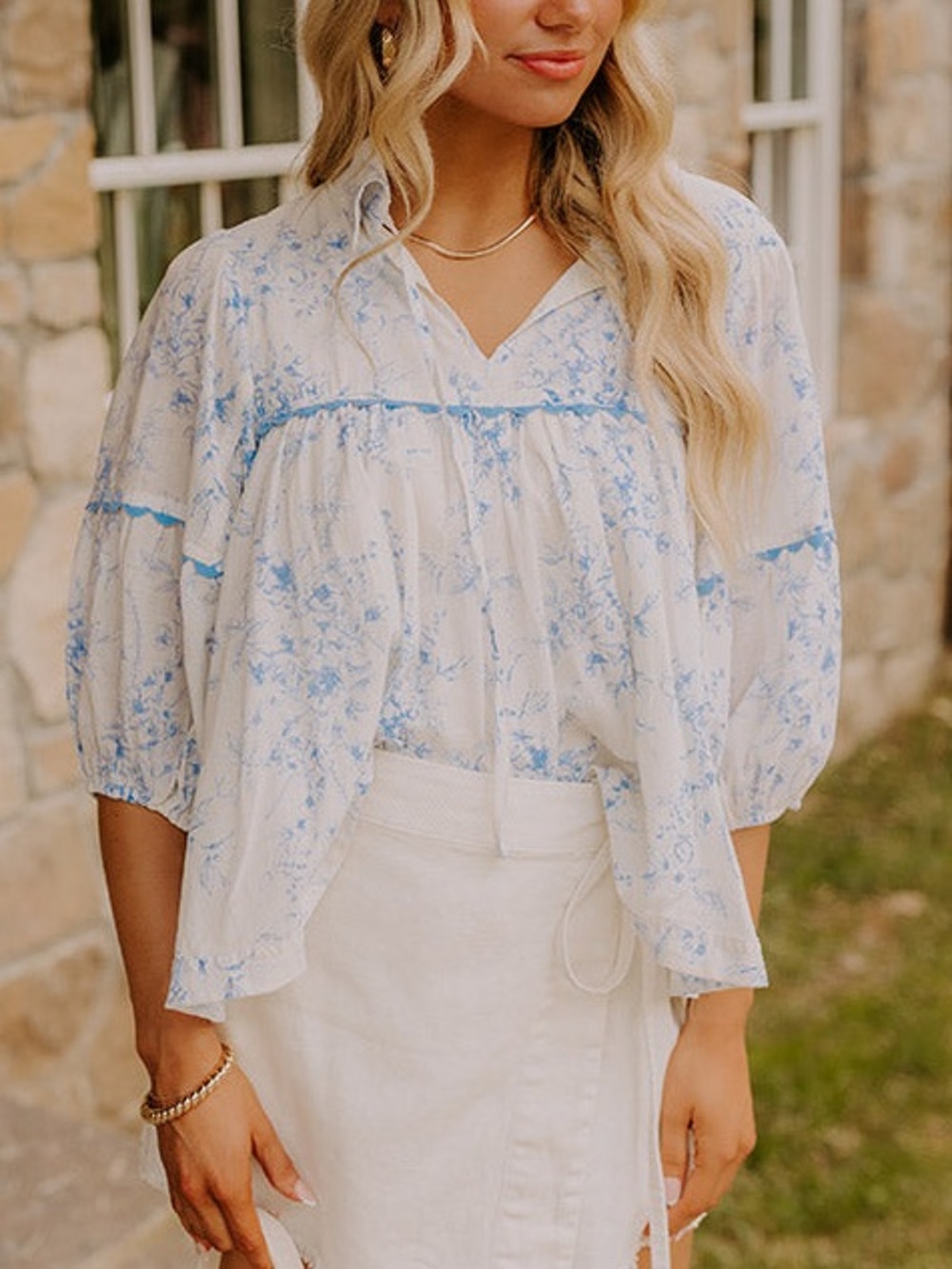 &merci Blue Toile Floral Print Blouse Size L
